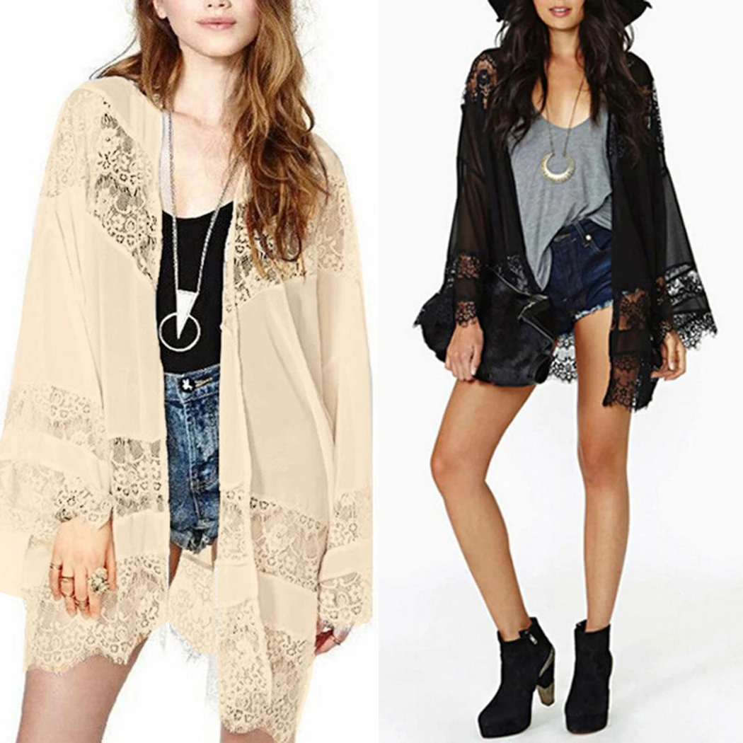 2018 Осень Элегантный Boho шифон кимоно кардиган плюс Размеры Для женщин Кружевная