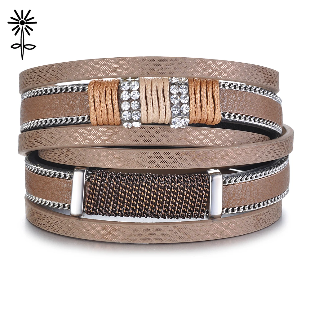 10pcs/lot Women Cuff Bracelet Bangle With Rope Leather Crystal Bracelets Pulsera bijoux