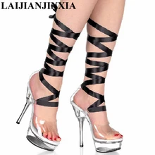 LAIJIANJINXIA/уникальный дизайн; босоножки на высоком каблуке 14 см; сандалии на завязках с перекрещивающимися ремешками; Банкетная обувь принцессы для фотосессии; обувь для танцев; M-005