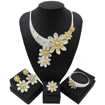 

TSROUND Dubai Jewelry Set for Women Luxury Normal Zircon Two Tones Flower Shape Nigerian Bridal Wedding