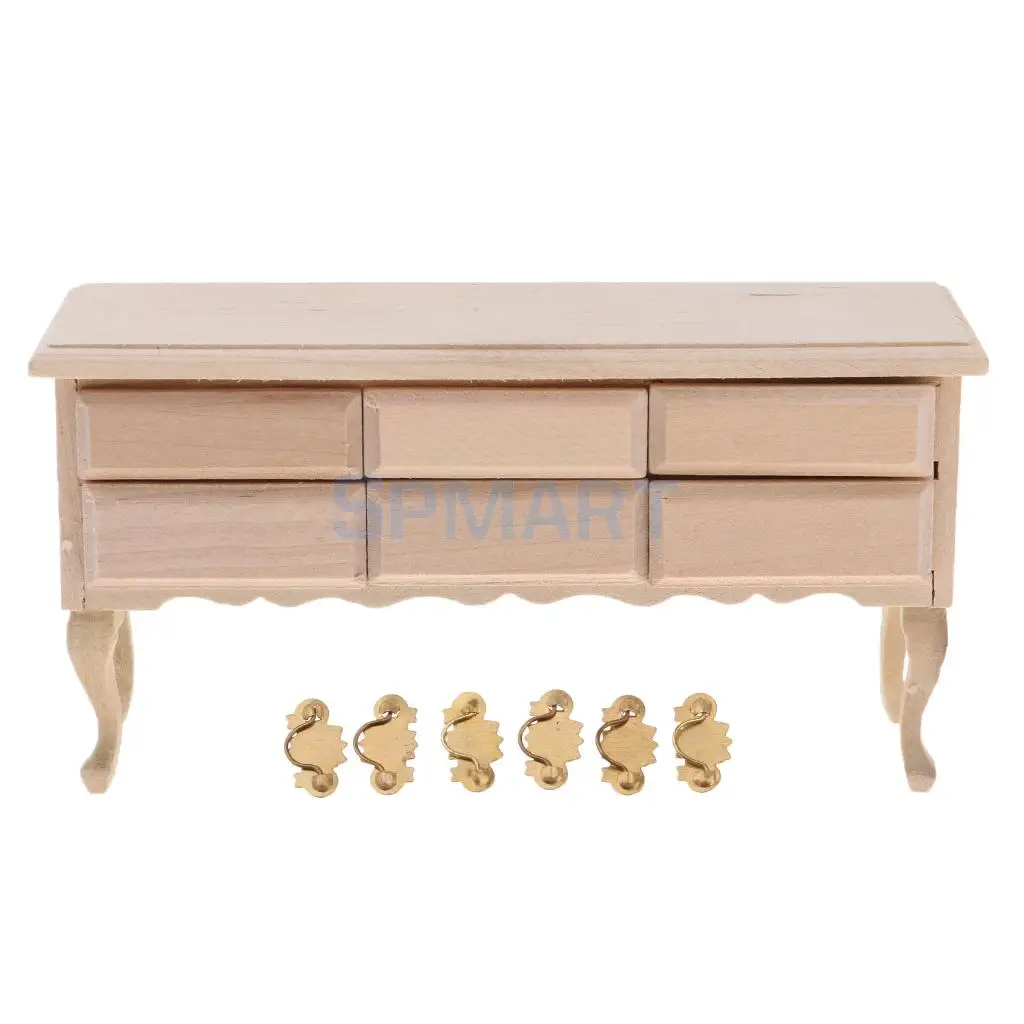 Unpainted 1/12 Dollhouse Miniature Furniture Table Drawers Model and Golden Drawer Pull Room Accessories