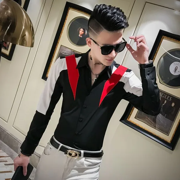 Черный Fashion Men Shirt Hot Sale Patchwork Color Long Sleeve Mens Casual Shirts Slim Fit All Match Casual Shirts Men Club Tuxedo - Цвет: Черный