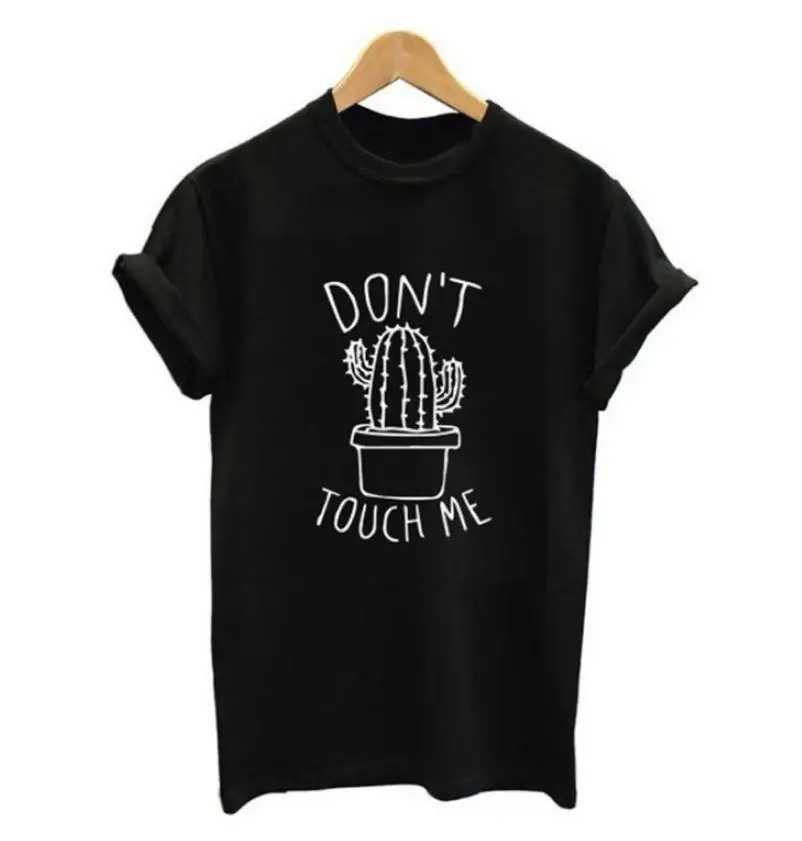 Футболка с принтом "Don TOUCH ME" и надписью "кактус", Женская свободная футболка с коротким рукавом и круглым вырезом, лето, женская футболка, топы