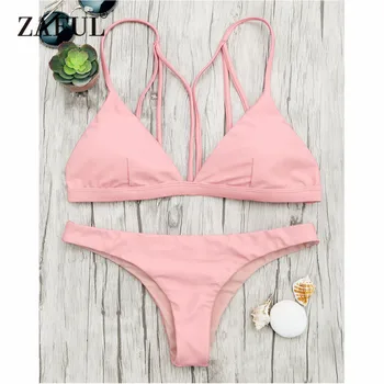 

ZAFUL 2019 Women New Back Strappy Padded Bathing Suit Mid Waist Solid Color Spaghetti Straps Swimsuit Sexy Brazilian Swimwear