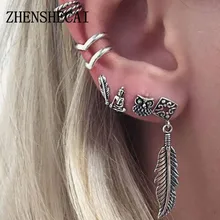 Новая мода для женщин девушка панк Рок лист цепи витые болтающиеся древние серебряные серьги-каффы крест талисманы металлические серьги-каффы Earri