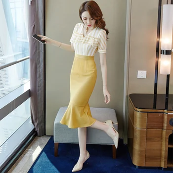 

Office Lady V-neck Striped Ensemble Femme Survetemen Fashion High Waist Skirt Set Elegant Pastel Costumes For Women