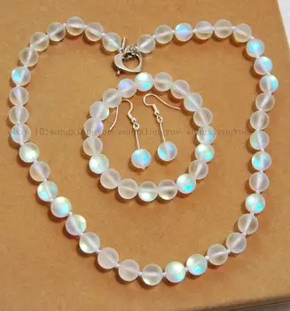 

10mm White Gleamy Rainbow Moonstone Round Beads Necklace +Bracelet +Earrings Set jade