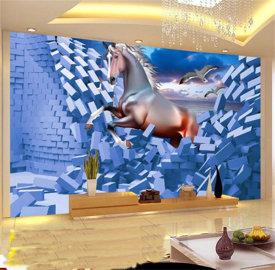 Пользовательские фото 3d обои для комнаты росписи 3D Золотая лошадь кирпичная