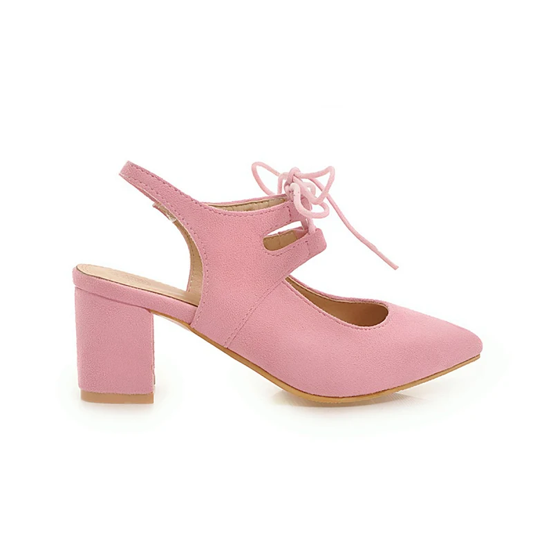 

2018 Plus Size 48 Women Summer 5.5cm High Heels Leather Flock Sandals Female Cheap Lace Fetish Shoes Lady Rear Strap Pink Pumps