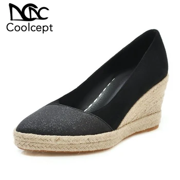 

CoolCept Women Pumps Pointed Toe Slip On Wedges Shoes Fashion Bling Red Wedding Party Footwear Spring New Shoes Size 33-41