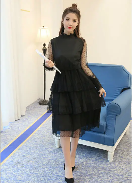 Popular New Fashion Korean Vintage Multilayer Pleated Mesh Dress High Waist Ruffles Long Sleeve Casual Midi Dress Women Dress 4