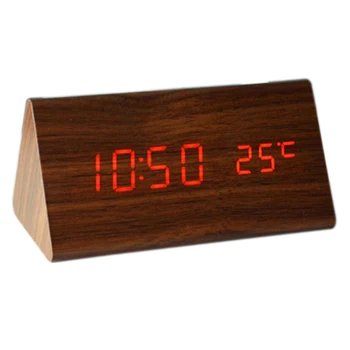 

Fashional triangular wooden clock,sound control,thermometer,4 color LED display,digital desktop bedroom alarm clock on desk