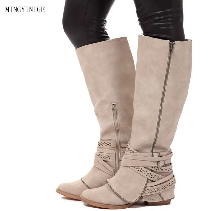 

Winter Lace Up Zipper Knee High Boots Women Fashion Wool Lined Mid Calf Boot Female Bandage Suede Leather Boot Ladies