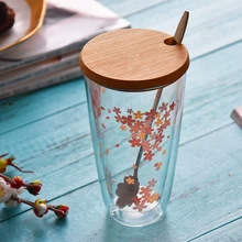 Вишневый цвет 2 слои стекло индивидуальное Термостойкое стекло цветок чай стеклянная чашка для воды Милая с ложкой