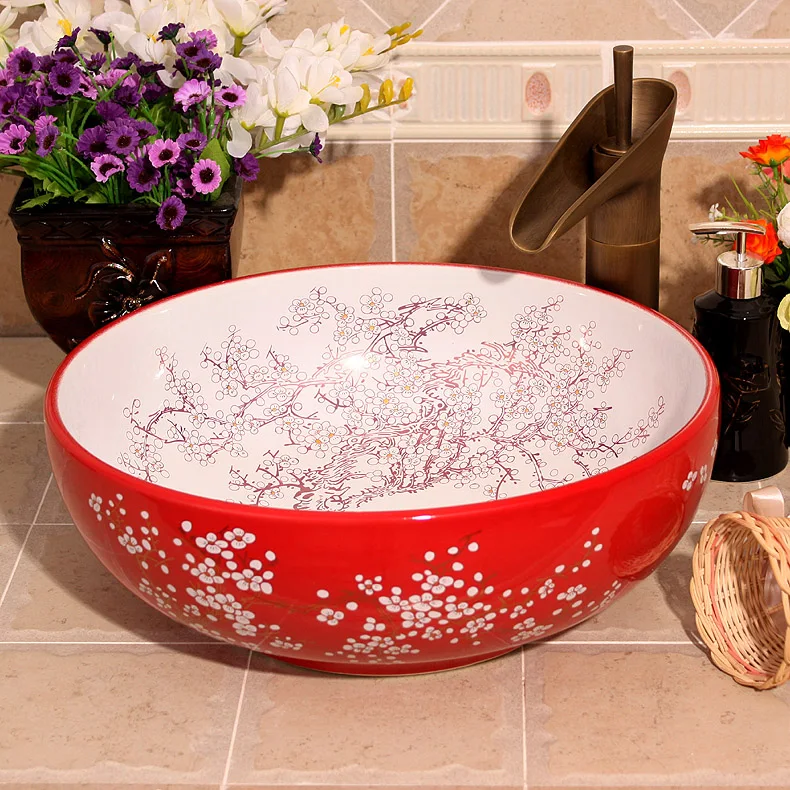 China Artistic Handmade Engraving Ceramic Lavobo Round Countertop size of wash basin plum blossom painting white (5)