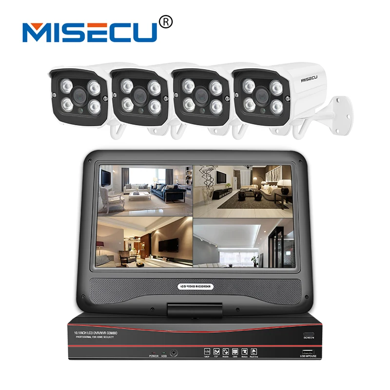 

MISECU 1080P 8CH 48V POE NVR With 10.1'' LCD Monitor 4PCS array IR Led outdoor cameras kit Email Alert CCTV Security System