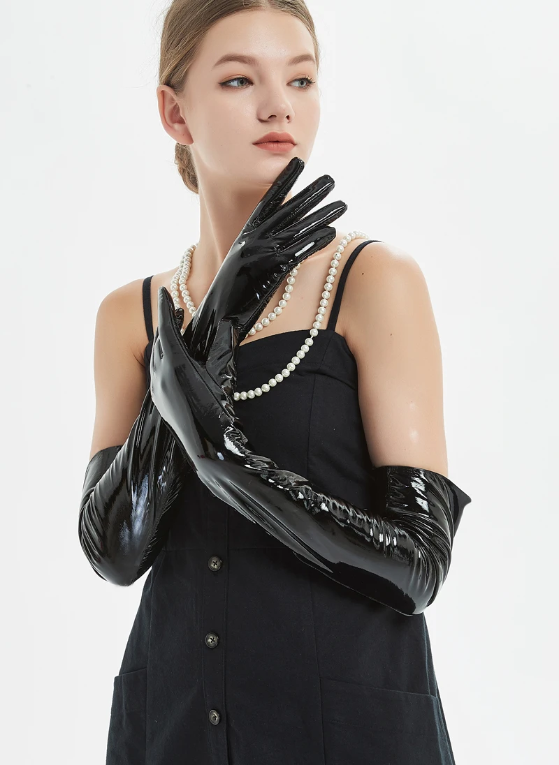 60cm(23.6") long classic plain patent leather evening opera long gloves
