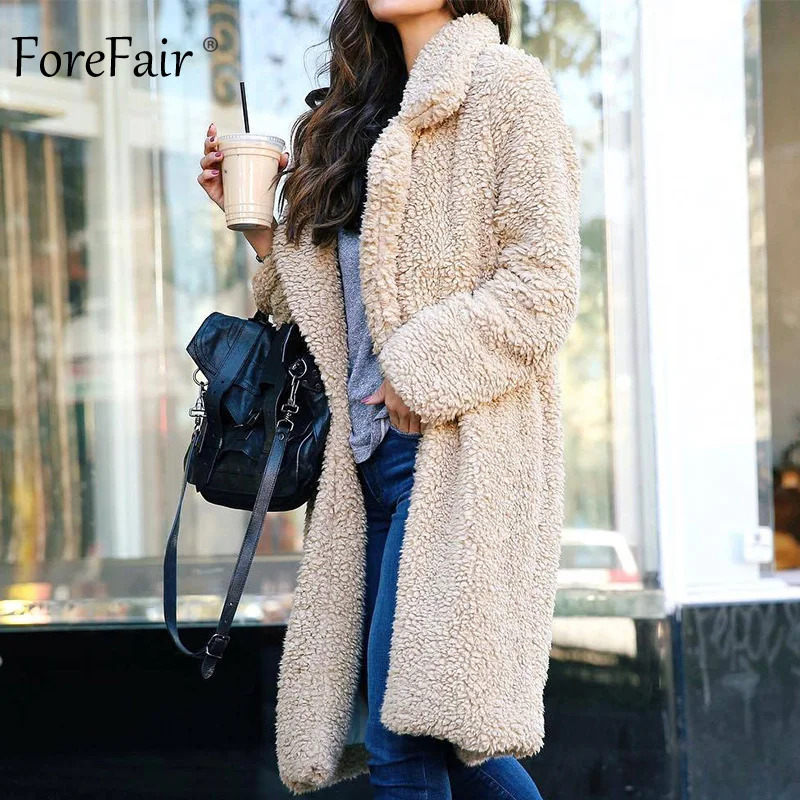 Forefair Winter Oversize Faux Fur Coat Women Manteau Plus Size Wide Lapel Warm Shaggy Teddy Bear Black Long Coat Women