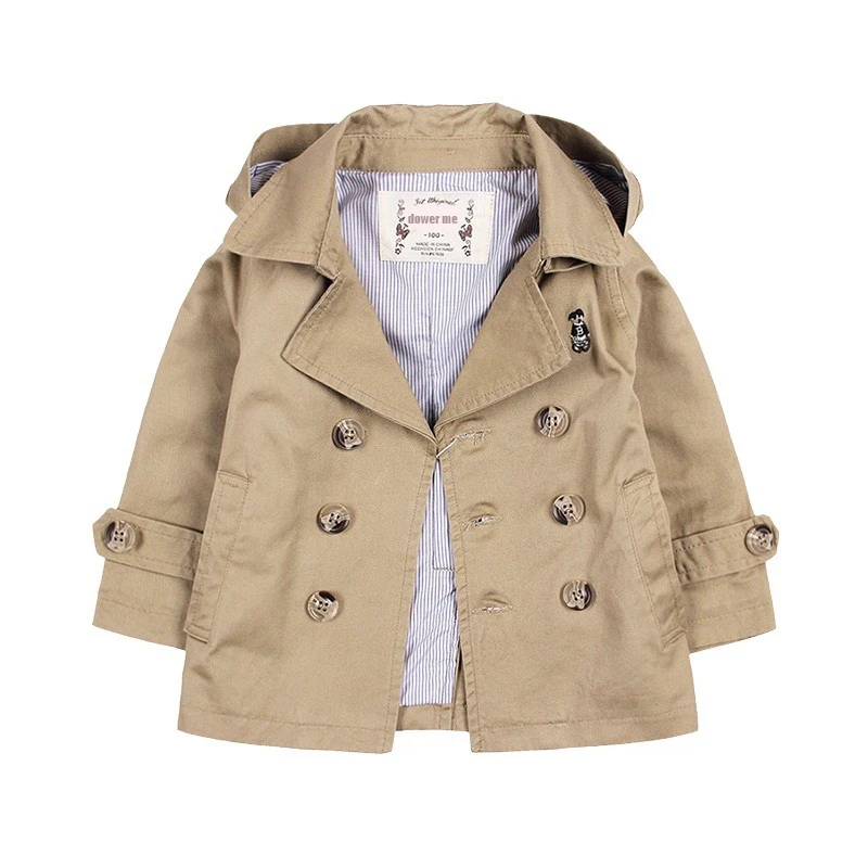 

High Quality Girls Boys Trench Coat British Style Removable Cap Double Breasted Khaki Trench For Baby Cotton Outerwear Jacket