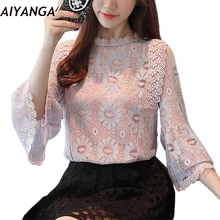 Новые весенние Для женщин Кружево Топы корректирующие три четверти Flare рукавом О Средства ухода за кожей Шеи элегантный сладкий Повседневное насыщенный Белый Розовый под рубашку топы корректирующие женские