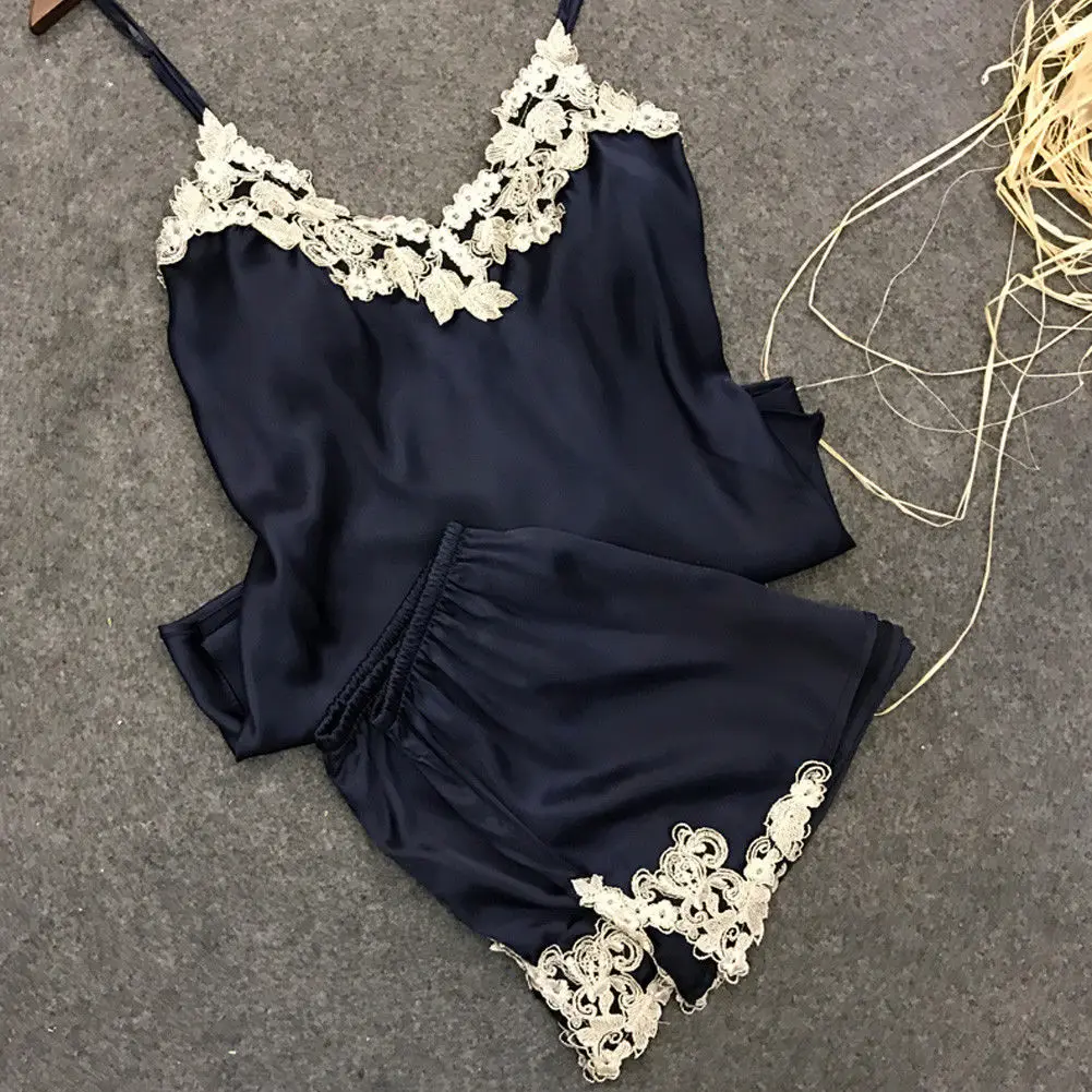 Женская Кружевная летняя одежда для сна, мягкая и удобная Ночная Пижама с v-образным вырезом+ кружевные шорты Горячая Распродажа - Цвет: Navy Blue