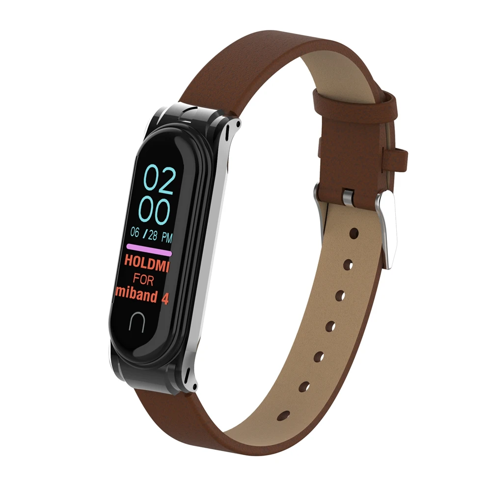 Кожаный ремешок для Xiaomi Mi Band 4 смарт браслет металлический корпус спортивный