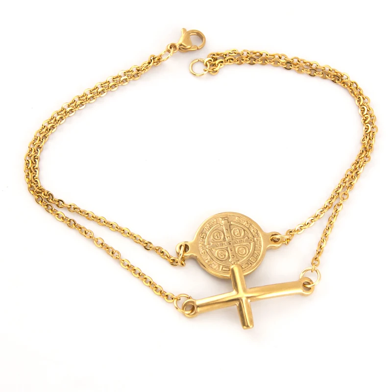 

Stainless steel women double layer bracelet Saint Benedict Medal and cross Saint Benito cross bracelet