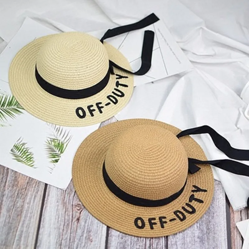 

Children's Large Along The Dome Embroidered Letters Straw Hat Streamers Bow Beach Hat Summer Visor Girls Travel Sun Hat