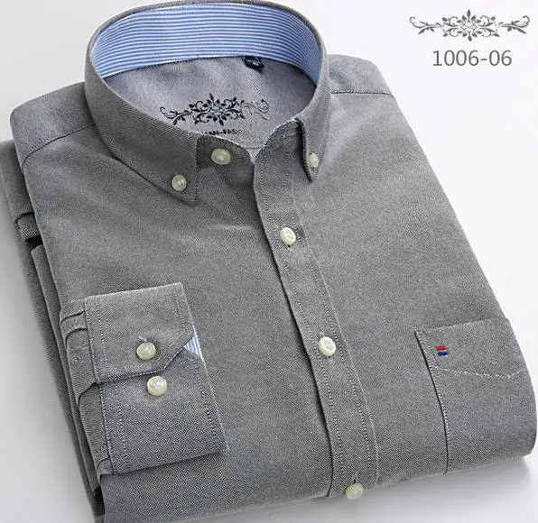 S- 6XL Oxford Shirts For Mens Long Sleeve Cotton Casual Dress Shirts Male Solid Plaid Chest Pocket Regular-Fit Man Social Shirt 1006-06