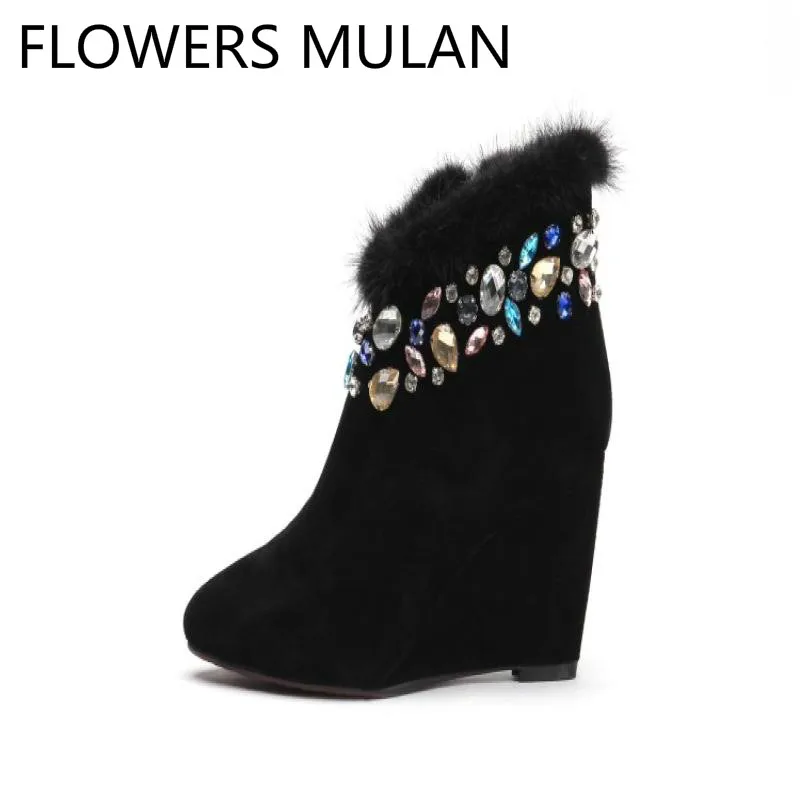

Luxury Mixed Color Crystal Embellishment Black Suede Winter Snow Boots Women High Wedges Heel Slip On Ladies Booties Long Plush