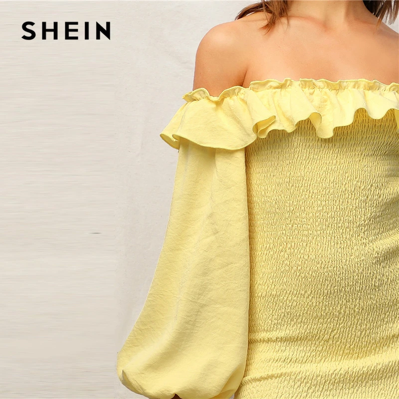 SHEIN Стильное Платье С Открытыми Плечами И Оригинальным Рукавом Женское Летнее Желтое Богемное Платье С Длинными Рукавами