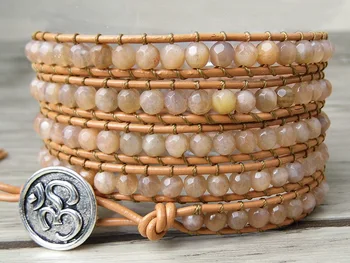 

Boho 5 Wrap Bracelet gypsy Leather wrap bracelet Faceted sunstone beads bracelet natural stone Jewelry yoga wrap jewelry