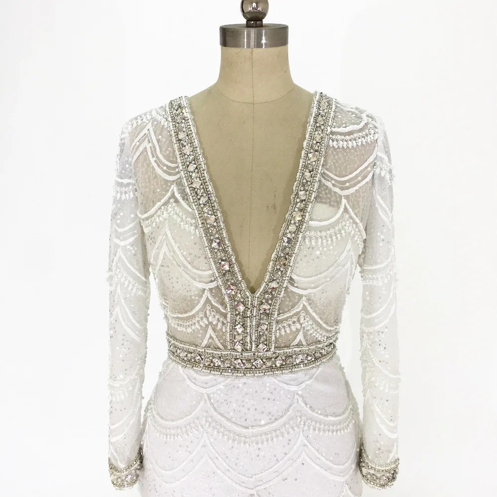 Белые свадебные платья с глубоким v-образным вырезом, изготовленные на заказ, кружевные свадебные платья русалки, длинные рукава, Высококачественная вышивка бисером