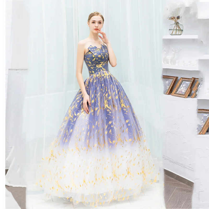 

2019 New Blue Gradient Prom Dresses Gold Foil Printed Prom Gowns Strapless Ball Gown Vestidos Formal Party Dress Robe De Soiree