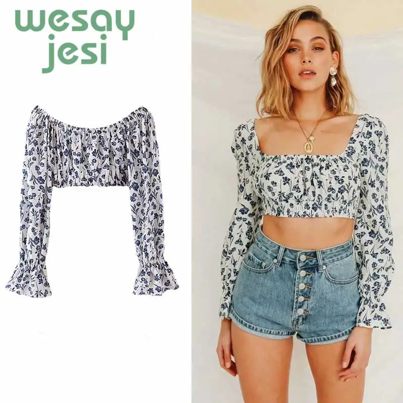 

Women Off shoulder womens tops and blouses summer 2019 fashion floral pring Backless sexy top female Vintage blouse