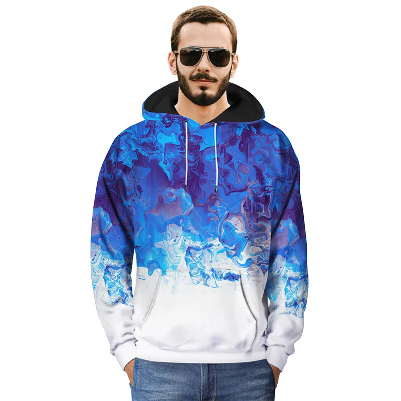 Punk Cool Blue Watercolor 3D Print Hoodies Sweatshirts for Men Male Casual Winter Spring Hooded Pullover Tops Coat Streetwear