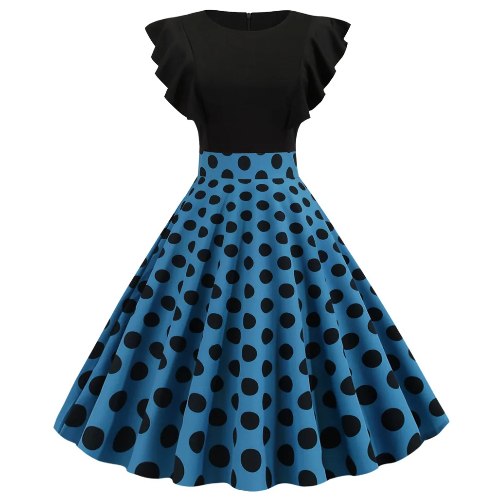

Women Beach Dress Summer Polyester Casual Polka Blue Dot Ruffle Sleeve Dress Round Neck Zipper Hepburn Party Dress L702