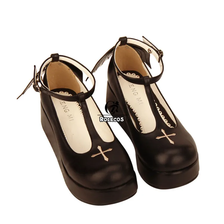 ROLECOS/черные туфли в готическом стиле Лолиты для костюмированной вечеринки с ремешком на щиколотке; Туфли Лолиты с круглым носком на платформе и каблуке; туфли принцессы с перекрещивающимися крылышками; - Цвет: Черный