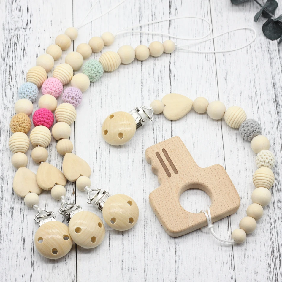 

New Neutral color baby Pacifier Clip Holder with beech key Shaped Pendant Dummy holder Crochet beads baby gift