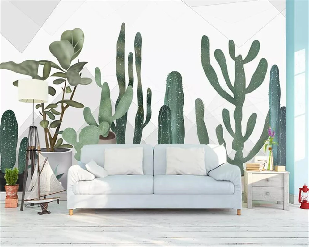 

Beibehang Large photo wallpaper Nordic small fresh hand painted cactus Flower living room Children's room background wall paper