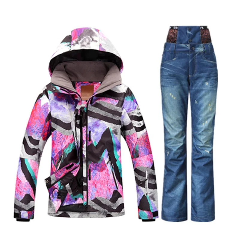 

GSOU 2018 wintersport ski suit women skiing snowboard jacket set ski clothes snow pants denim ski jas dames