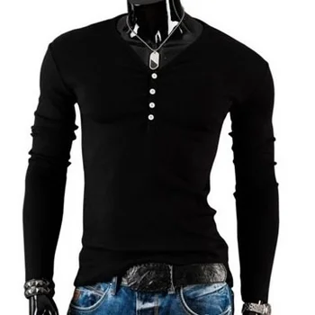 

Nice New Men T-shirt v-neck Button Leisure Sanding Long Sleeve Tshirt