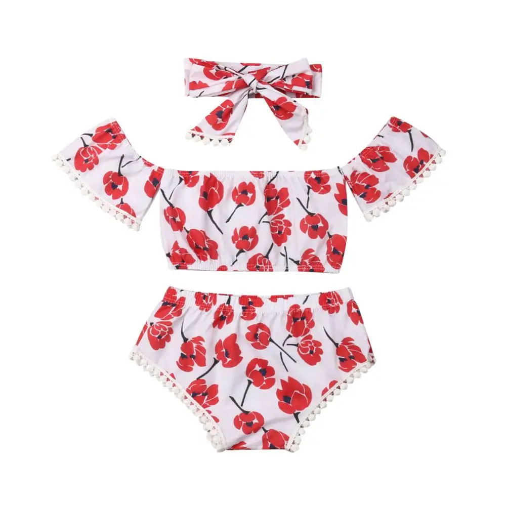 Newborn Baby Girls Clothes Floral Tassel Tops Shorts Pants Headband 3PCS Outfits Summer Set 0-24M
