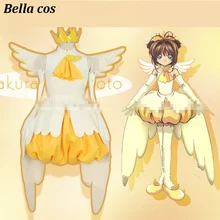 Карточка Captor Сакура КИНОМОТО косплей костюм белый желтый Яйцо платье униформа с крыльями карнавал Хэллоуин аниме одежда наряды