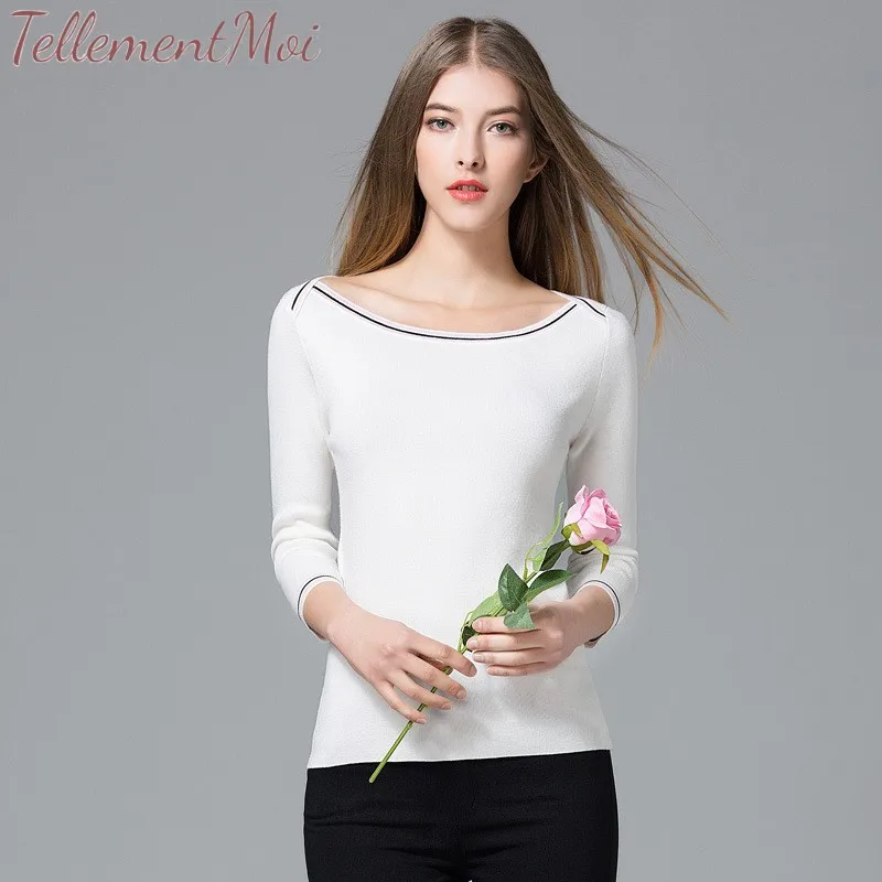 2019 Spring Women Simple Sweater Long Sleeve Stretchy Knitted Pullovers Slash Neck Contrast Jumpers Knit Shirt Clothes Chic Tops 2019 Spring Women Simple Sweater Long Sleeve Stretchy Knitted Pullovers Slash Neck Contrast Jumpers Knit Shirt Clothes Chic Tops