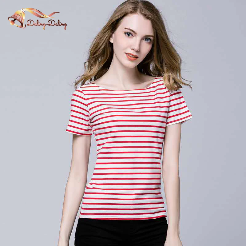 

2019 New Arrival Striped T Shirt Women Slash Neck Short Sleeve Tops Slim Casual Cotton Shirt Female Fashion Tops Tees Plus Size