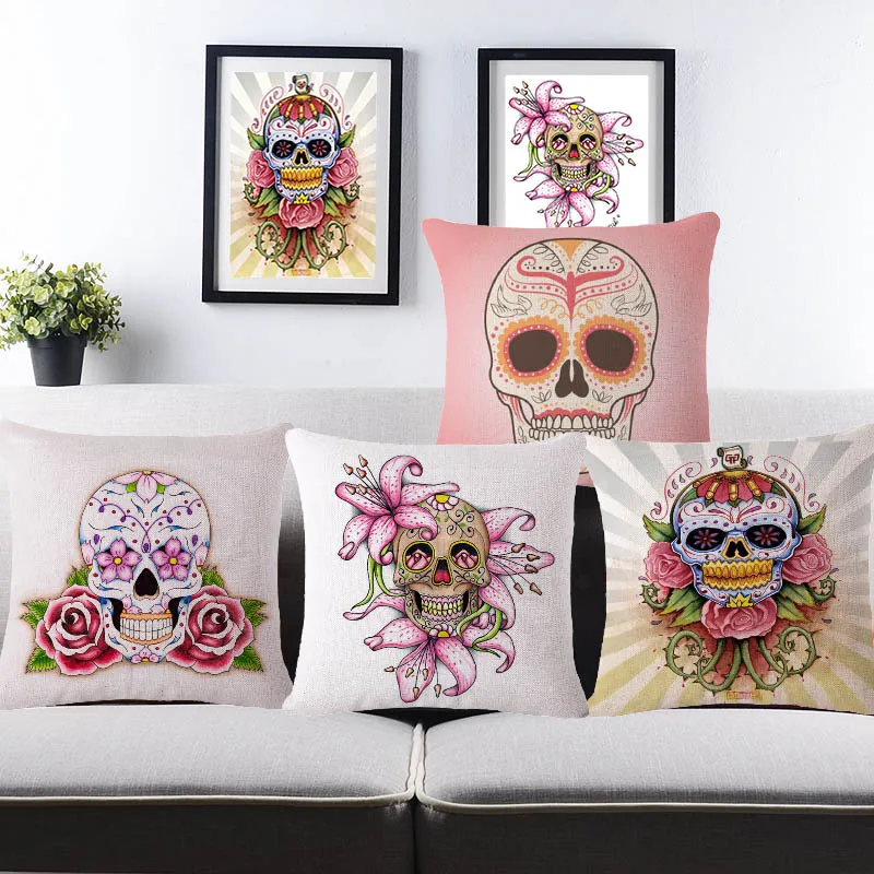 

Flower Punk Style Mexico Skull Cotton Linen Cushion Cover Chair Seat and Back Square Pillowcase Home Garden Decorative