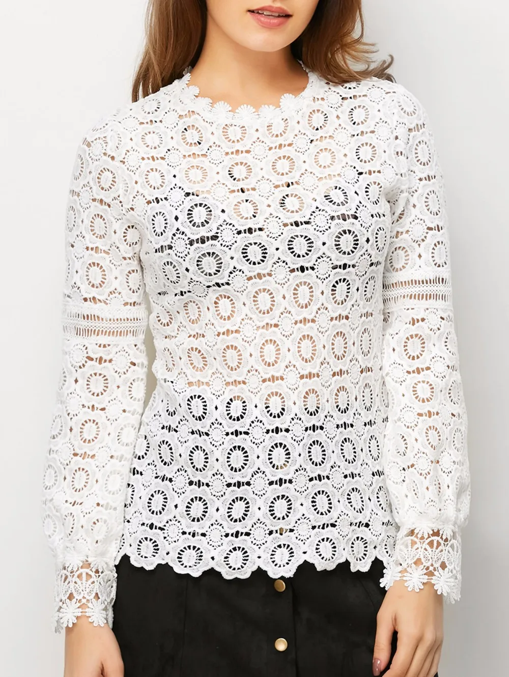 Vintage Black White Floral Lace Hollow Out Crochet Long Sleeve Blouse Shirt Vintage Black White Floral Lace Hollow Out Crochet Long Sleeve Blouse Shirt