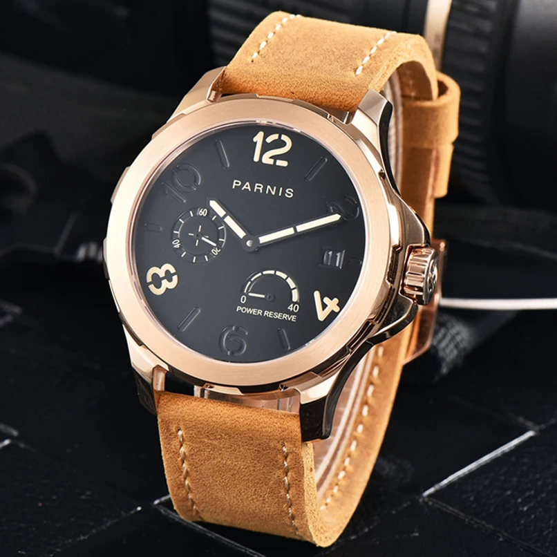 

2017 New Arrival Parnis 44mm Mens Automatic Watch Luminous Markers Power Reserve Rose Gold Watch Men Sapphire 5Bar Waterproof