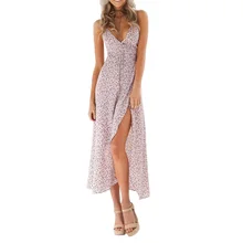 Floral Print Chiffon Long Dress 2018 Sexy V Neck Backless Boho Beach Long Dress Vestidos Women Split Summer Sundress Maxi Dress